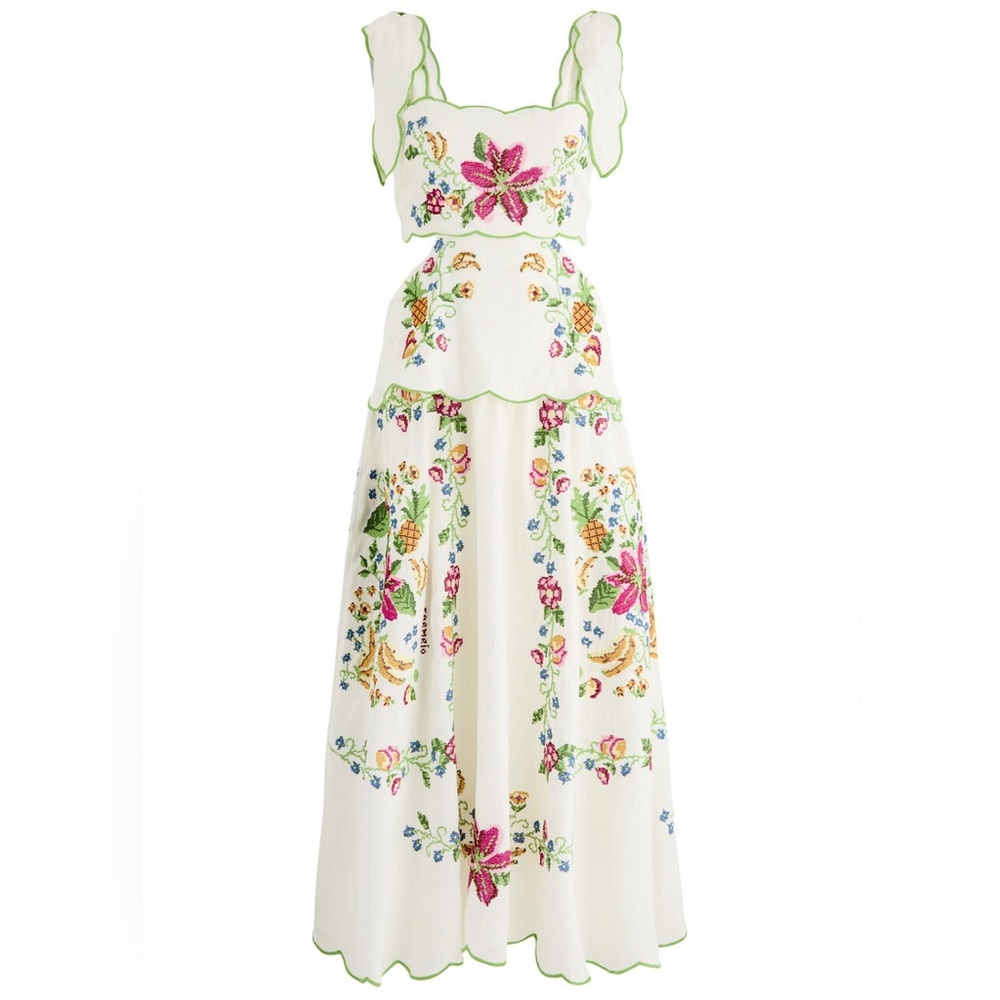 Farm Rio Tropical Romance Floral-embroidered Linen-blend Midi Dress Size XL - Picture 5 of 15